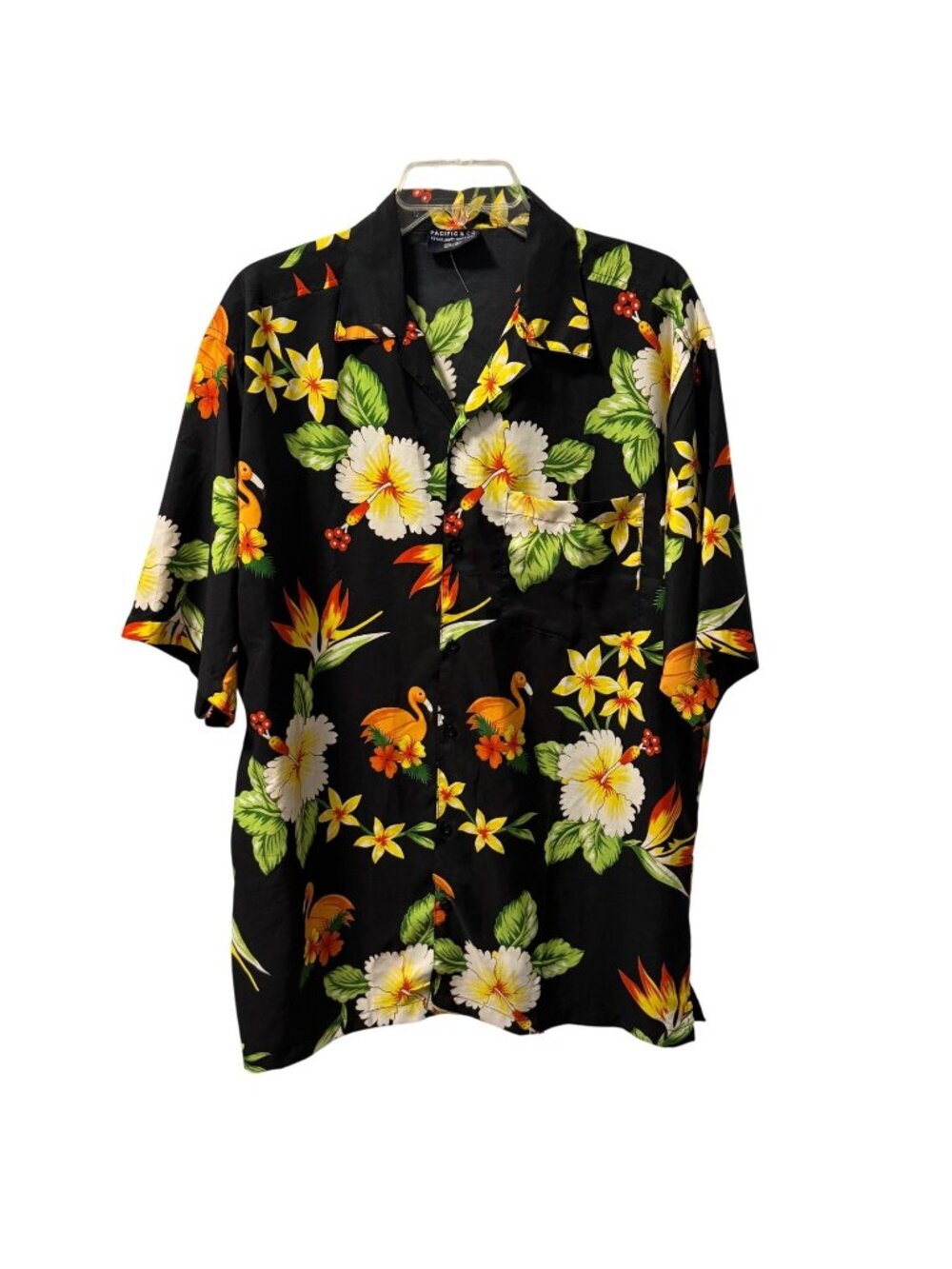 Pacific Co Hawaiian Shirt Sz M  Black/Vibrant Tropical Floral & Flamingo Print